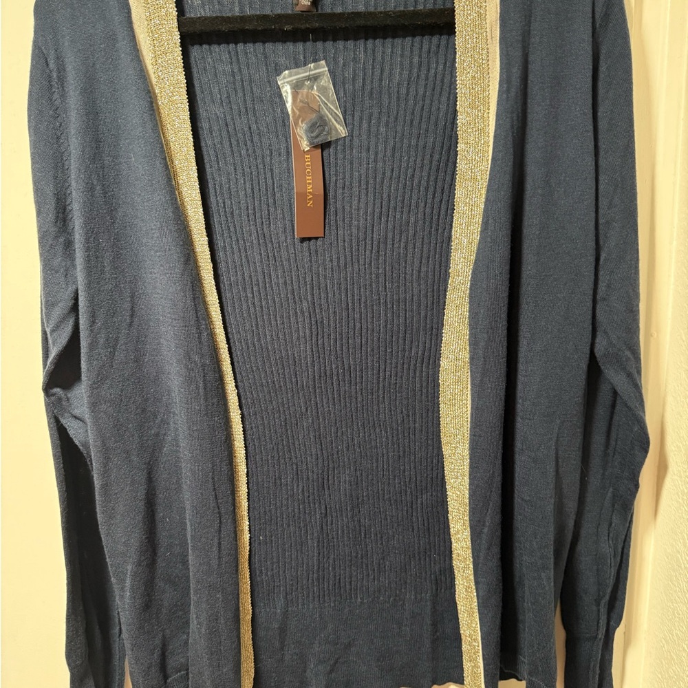 Dana Buchman Blue Cardigan with Gold Trim